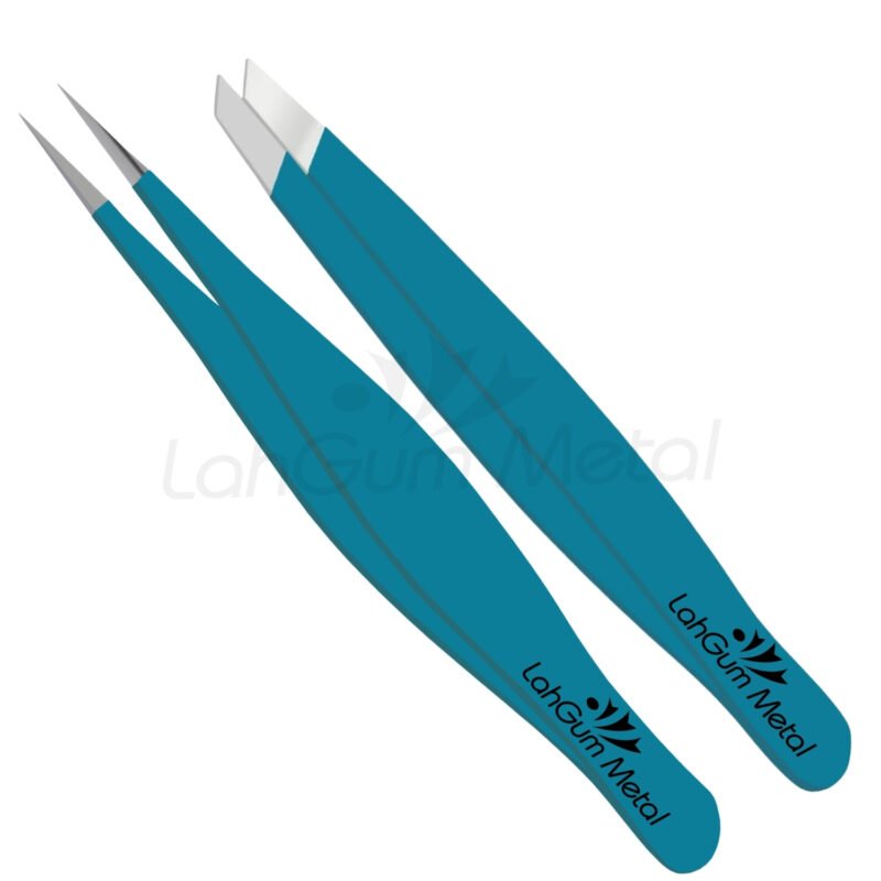 Blue pointed slant tweezers for eyebrow shaping, facial hair removal, ingrown hair and splinter extraction