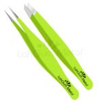 Green slant tip eyebrow tweezers for shaping brows, removing facial hair, chin hair and precise grooming