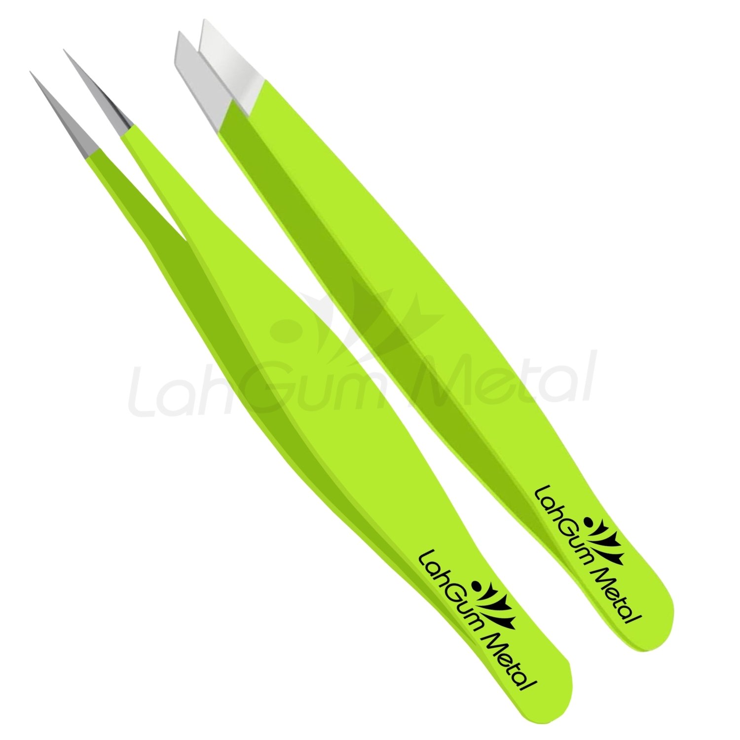 Green slant tip eyebrow tweezers for shaping brows, removing facial hair, chin hair and precise grooming