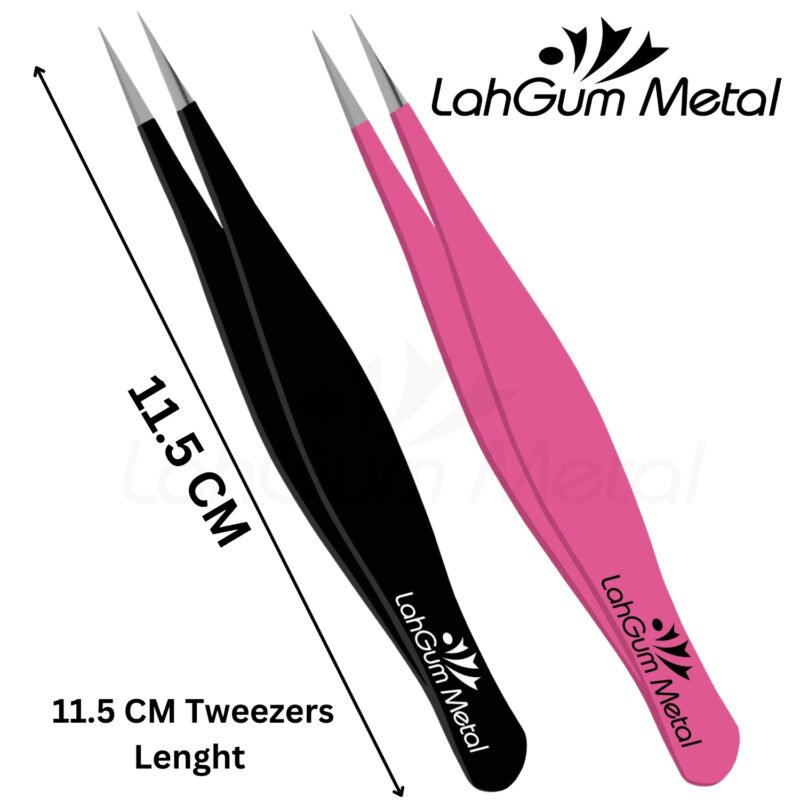 Black and pink precision pointed tweezers for removing fine facial hair, chin hair and ingrown hair with ultra sharp tip