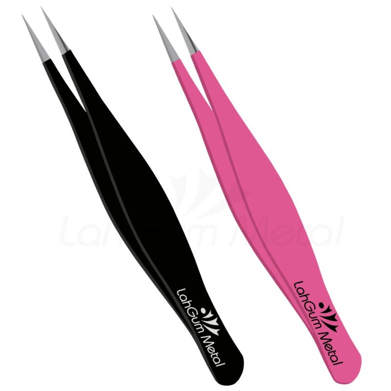 Black and pink precision pointed tweezers for ingrown hair removal, fine facial hair, chin hair, splinter removal and eyebrow plucking