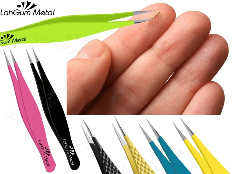 Point tip precision tweezers removing splinter from finger with accurate control and stainless steel tips