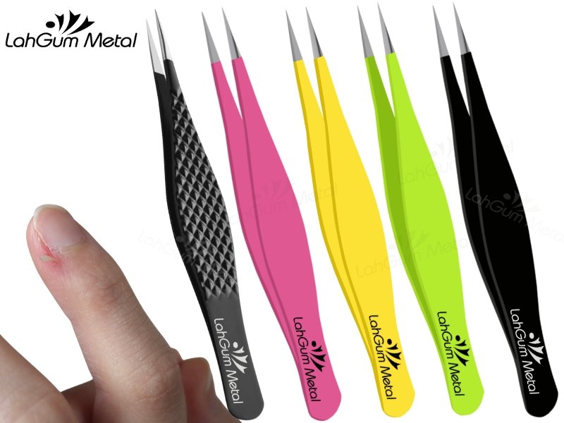 Tweezers removing splinter from skin on hand using fine pointed tips for safe and easy extraction